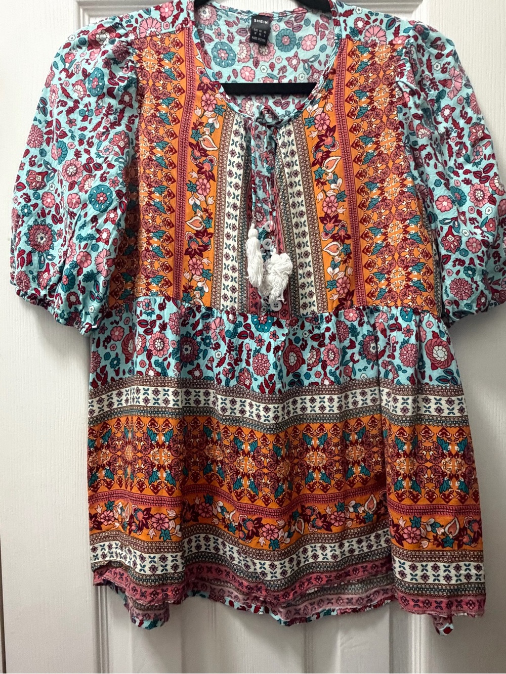 SHEIN Floral Print Light Blue and Pink Blouse